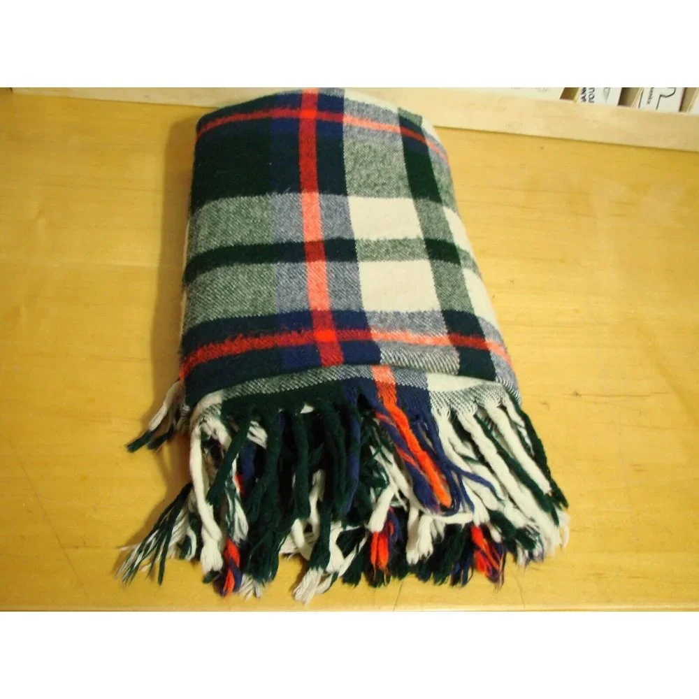 Plaid Wool Blend Blanket Throw Fringe 58x52